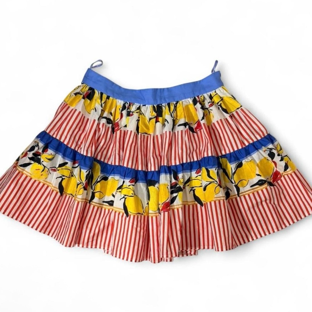 Zara Yellow Floral & Blue Trim Tiered A-Line Skirt - Picture 2 of 5